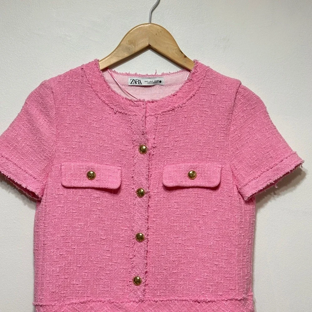 Zara Tweed Mini Dress Womens Small Pink Short Sleeve Blogger Fave Preppy *Flaw - Picture 4 of 15